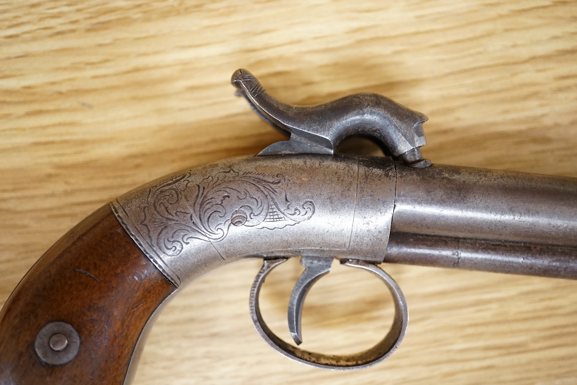 A double barrel American boxlock percussion pocket pistol with rounded frame roll engraved with foliage, and two-piece, bag shaped walnut grips